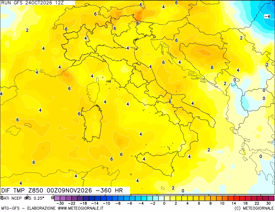 mappa Dif. Temp a 850 hPa Valid - Init