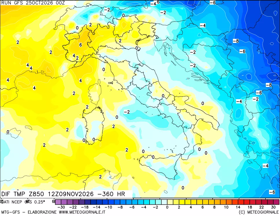 mappa Dif. Temp a 850 hPa Valid - Init