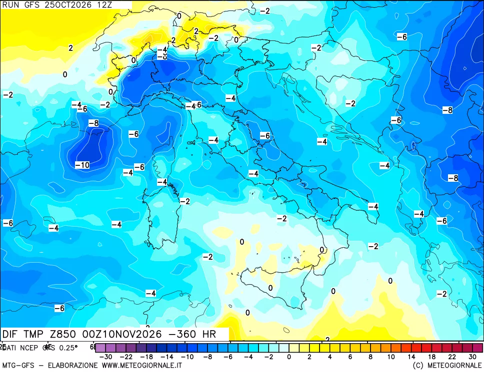 mappa Dif. Temp a 850 hPa Valid - Init