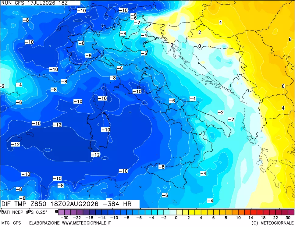 mappa Dif. Temp a 850 hPa Valid - Init