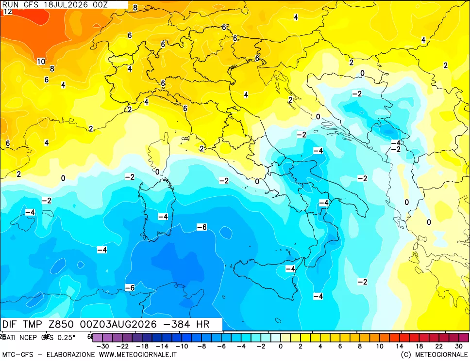 mappa Dif. Temp a 850 hPa Valid - Init