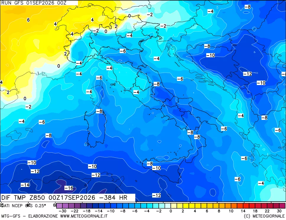 mappa Dif. Temp a 850 hPa Valid - Init