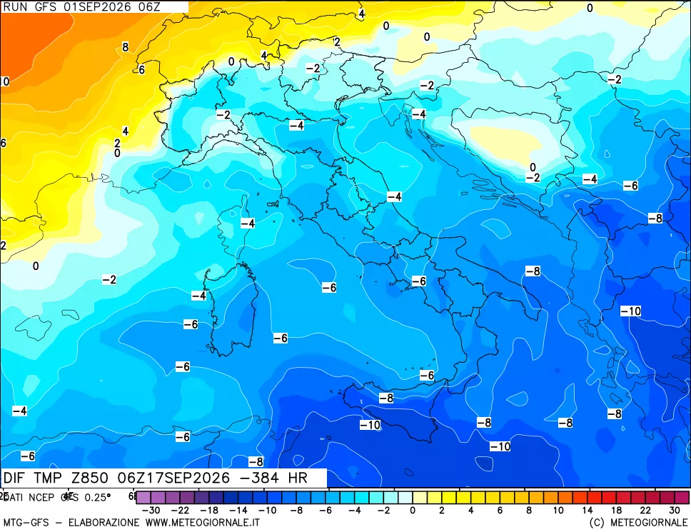 mappa Dif. Temp a 850 hPa Valid - Init
