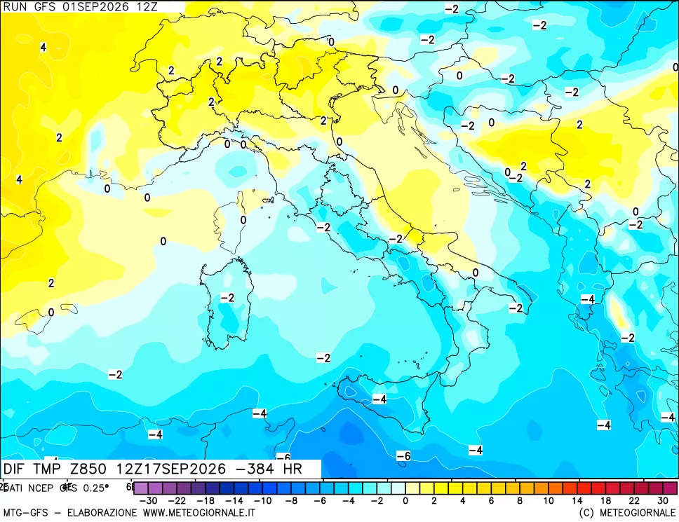 mappa Dif. Temp a 850 hPa Valid - Init