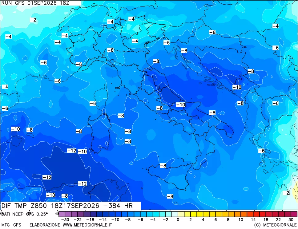 mappa Dif. Temp a 850 hPa Valid - Init