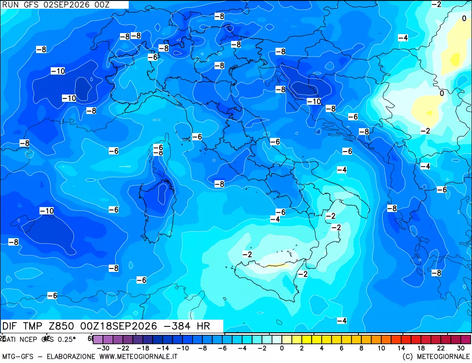 mappa Dif. Temp a 850 hPa Valid - Init