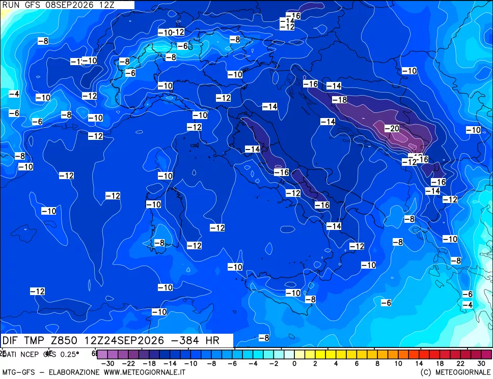 mappa Dif. Temp a 850 hPa Valid - Init