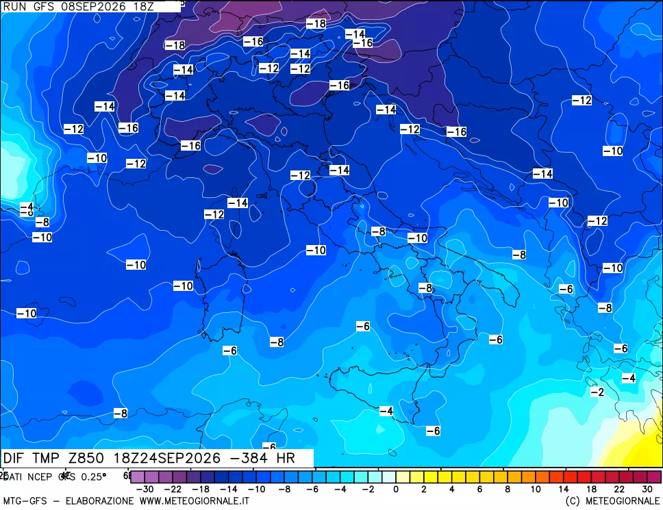 mappa Dif. Temp a 850 hPa Valid - Init