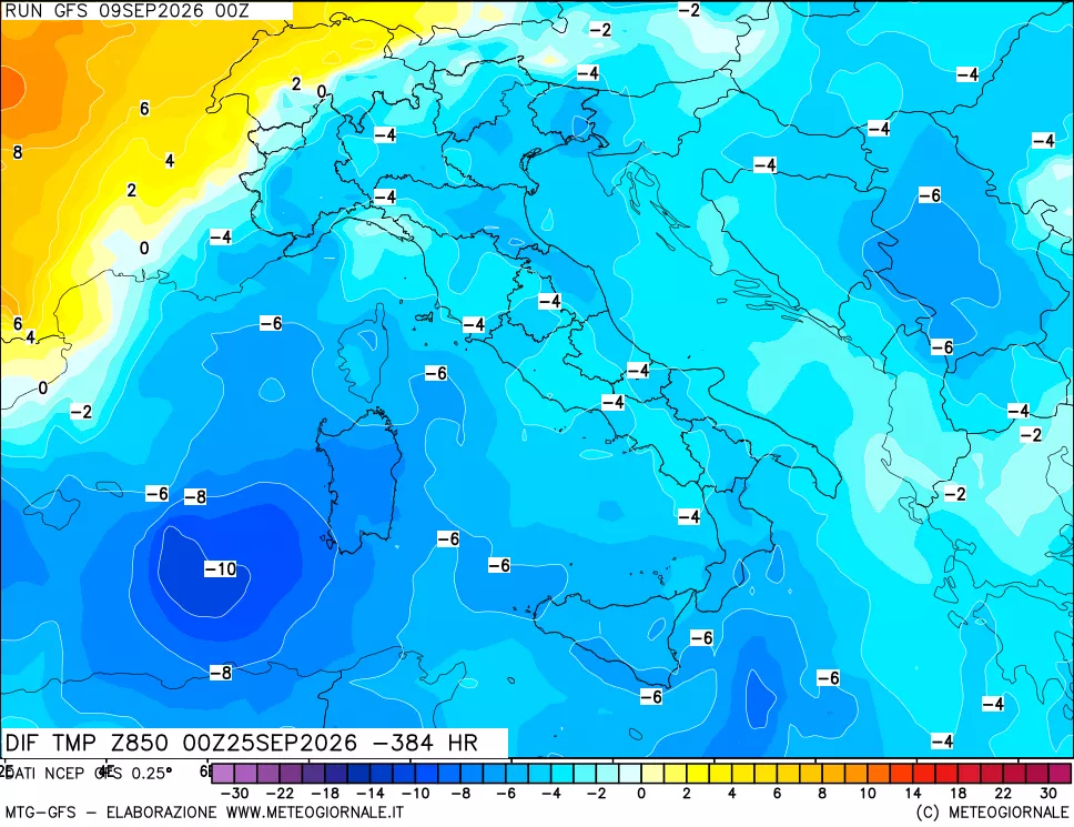 mappa Dif. Temp a 850 hPa Valid - Init