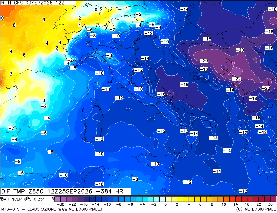 mappa Dif. Temp a 850 hPa Valid - Init