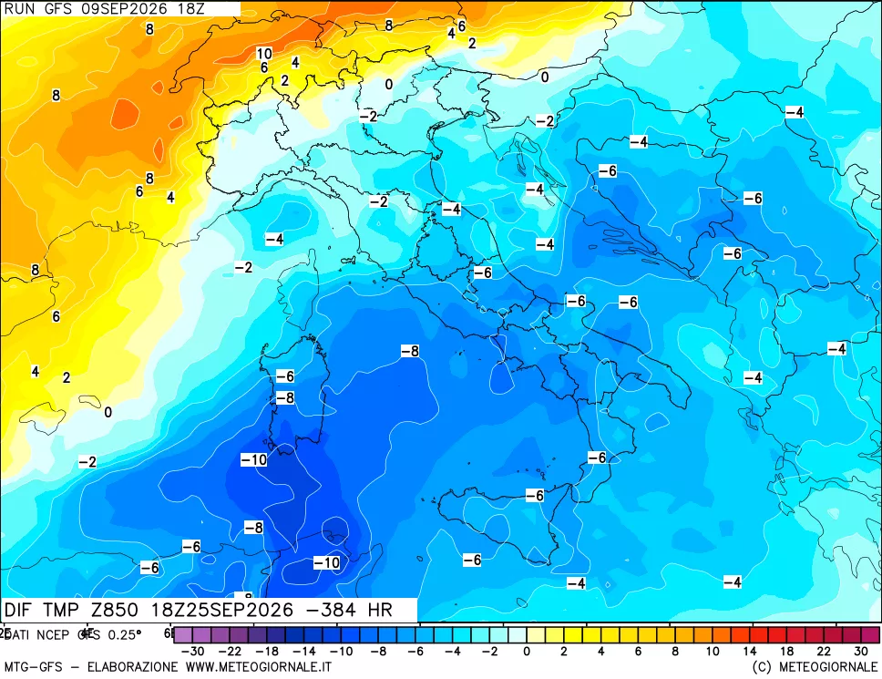 mappa Dif. Temp a 850 hPa Valid - Init