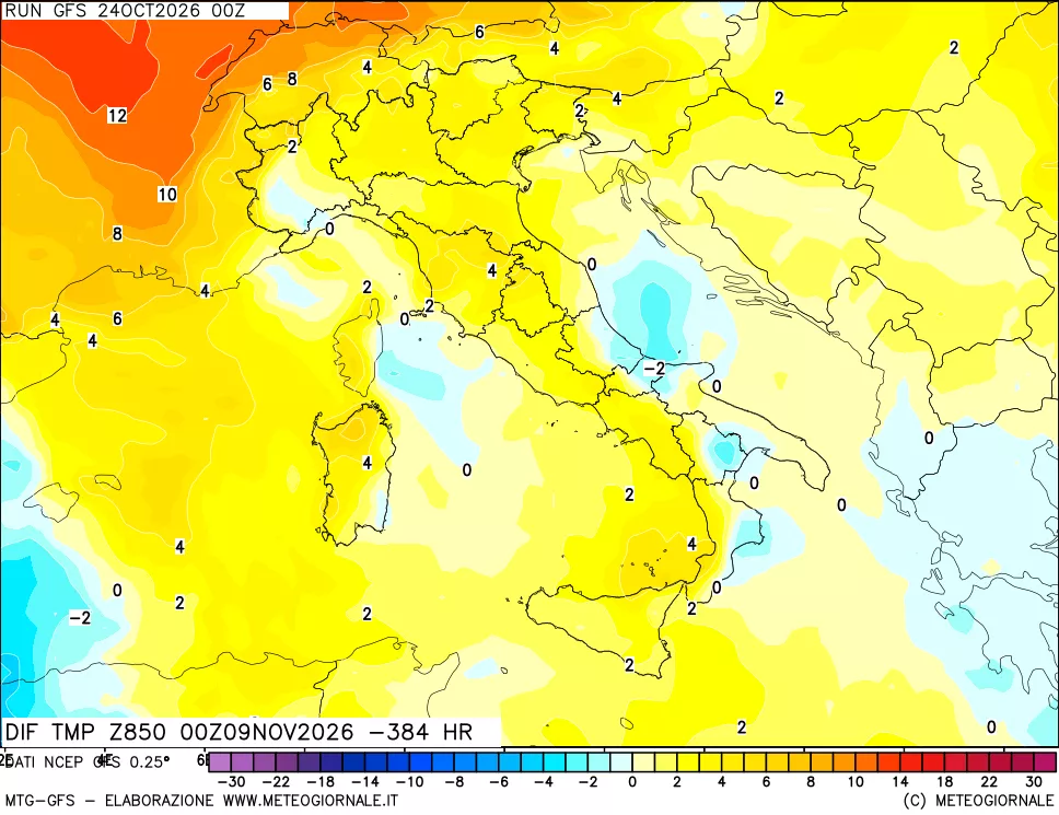 mappa Dif. Temp a 850 hPa Valid - Init