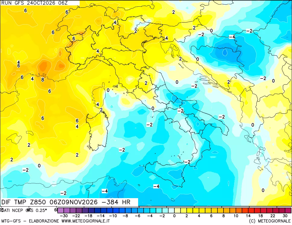 mappa Dif. Temp a 850 hPa Valid - Init
