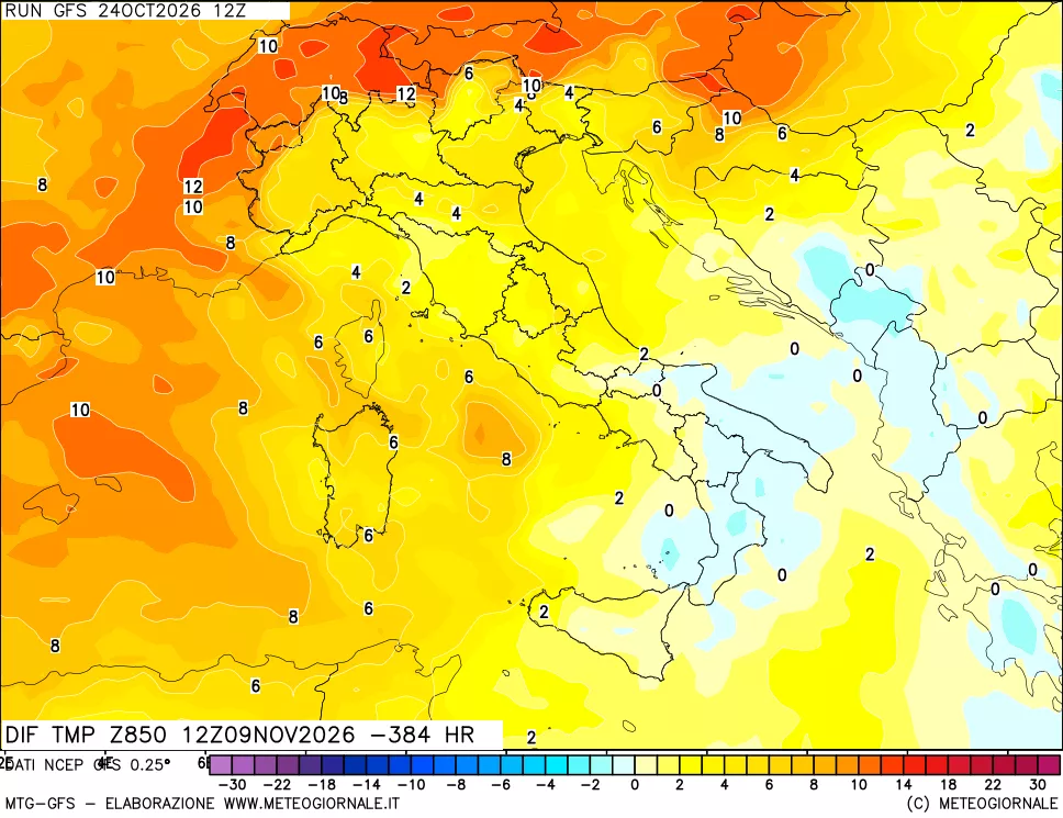 mappa Dif. Temp a 850 hPa Valid - Init