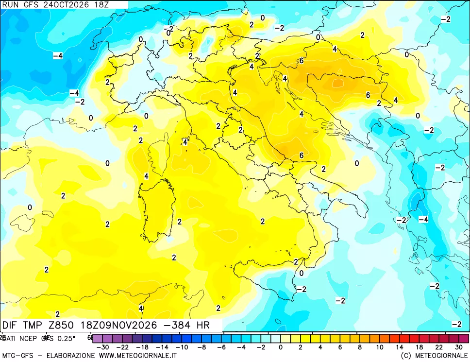 mappa Dif. Temp a 850 hPa Valid - Init