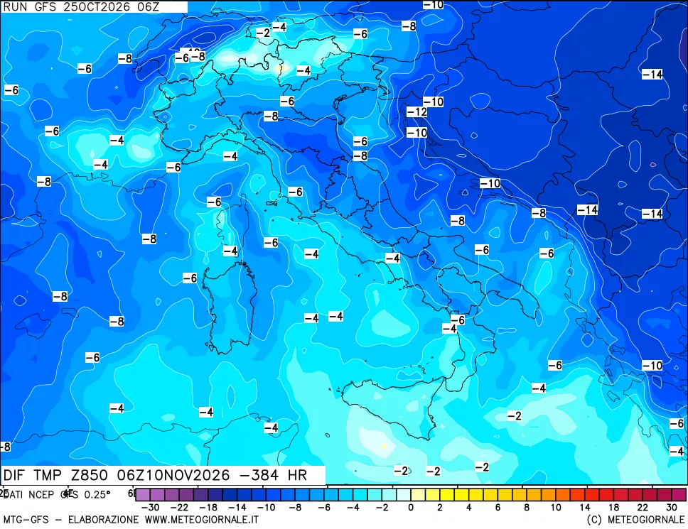 mappa Dif. Temp a 850 hPa Valid - Init