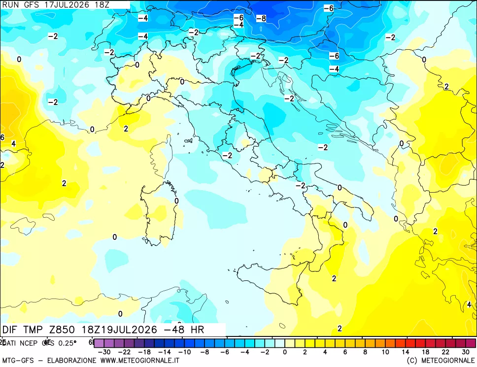 mappa Dif. Temp a 850 hPa Valid - Init