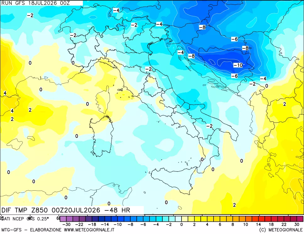 mappa Dif. Temp a 850 hPa Valid - Init