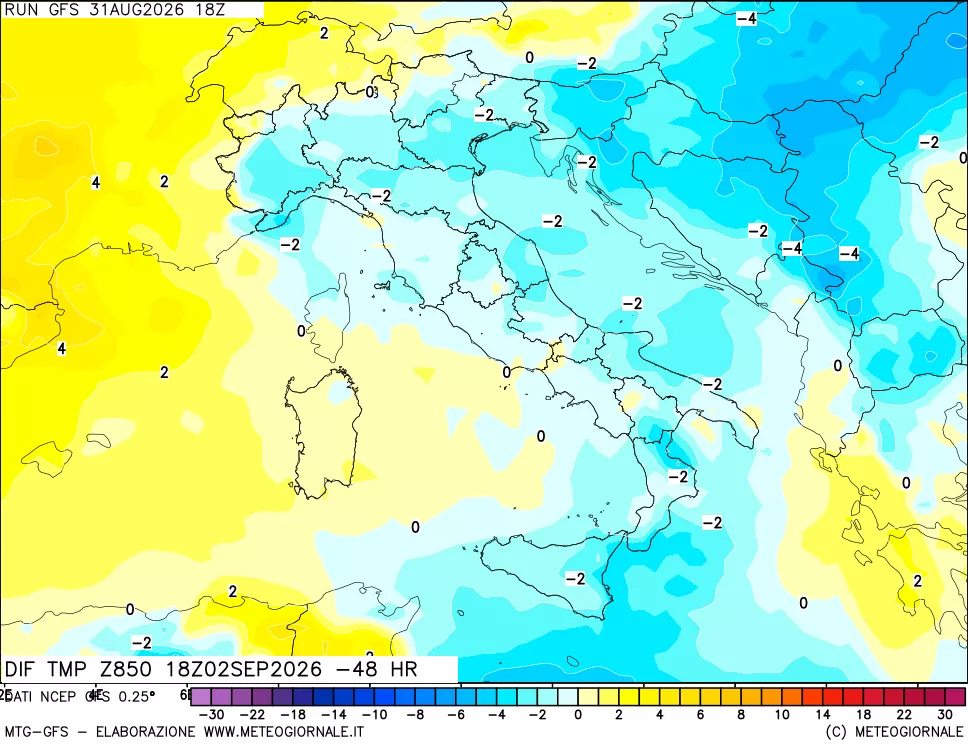 mappa Dif. Temp a 850 hPa Valid - Init