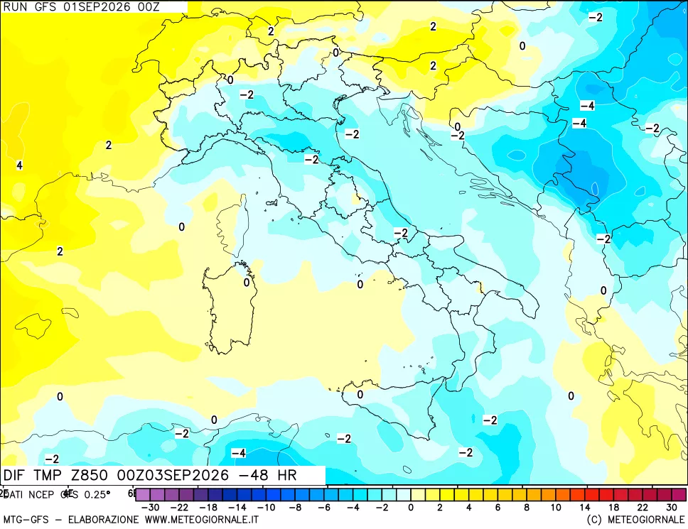 mappa Dif. Temp a 850 hPa Valid - Init