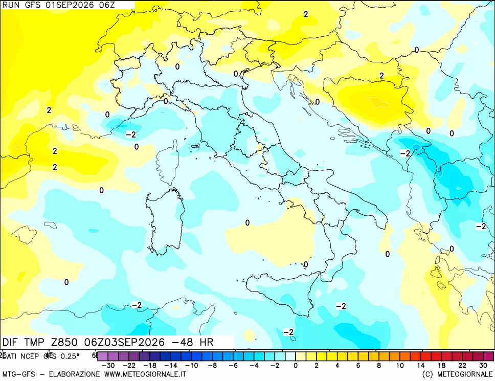 mappa Dif. Temp a 850 hPa Valid - Init