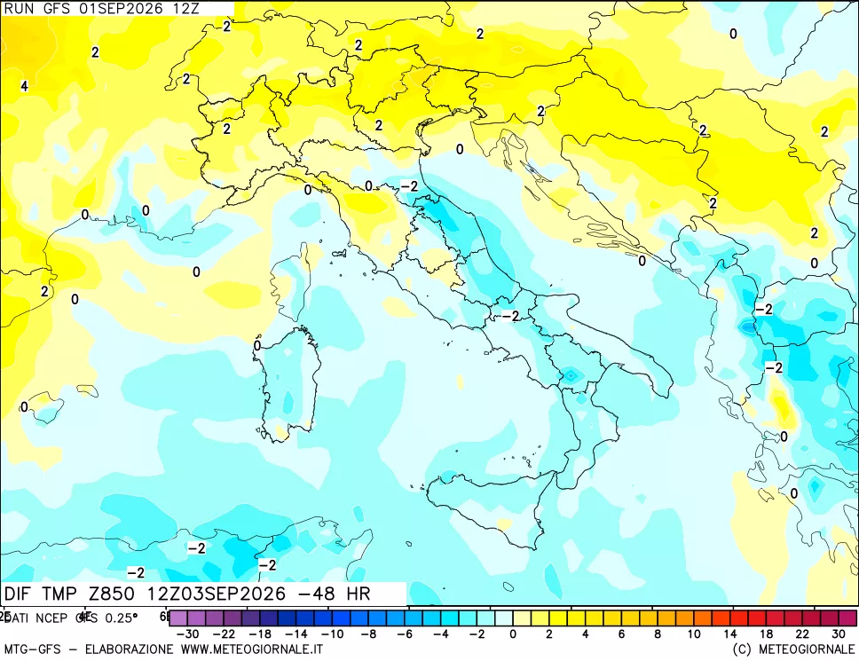 mappa Dif. Temp a 850 hPa Valid - Init
