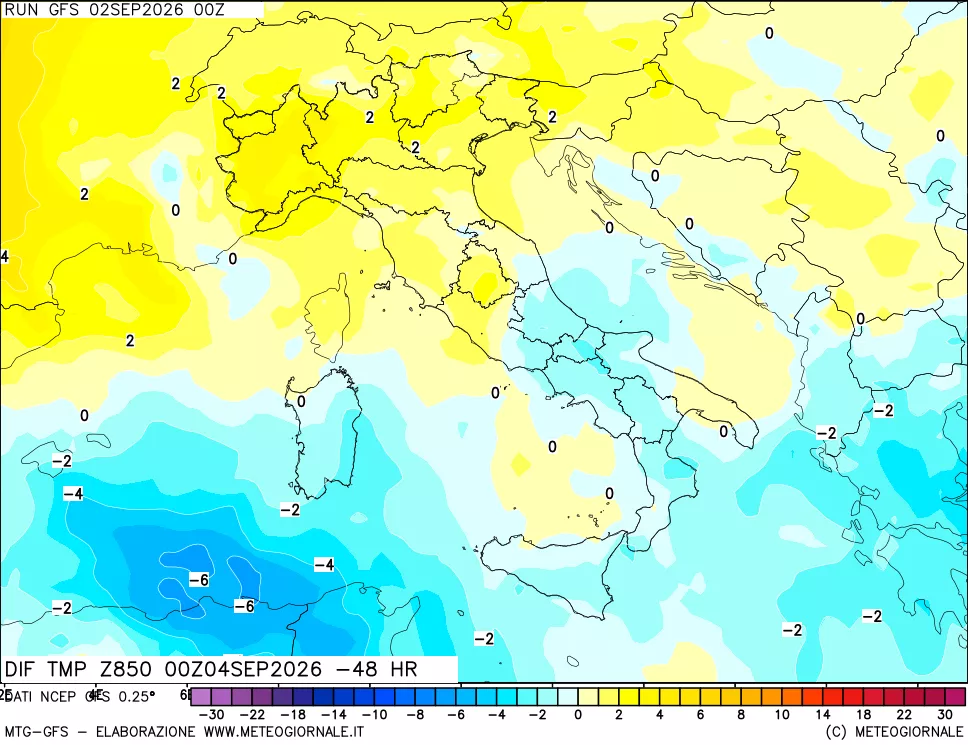 mappa Dif. Temp a 850 hPa Valid - Init