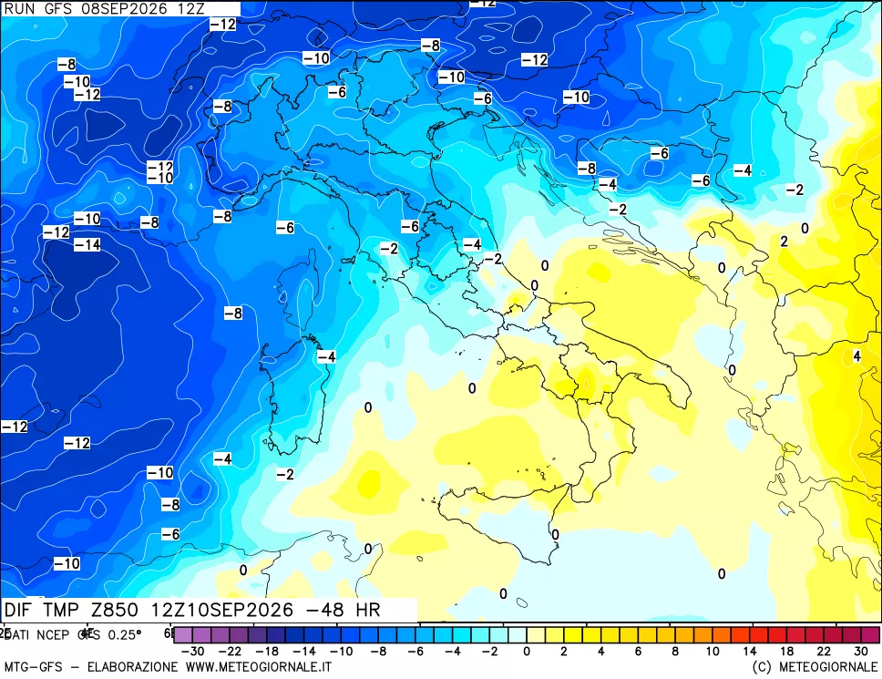 mappa Dif. Temp a 850 hPa Valid - Init