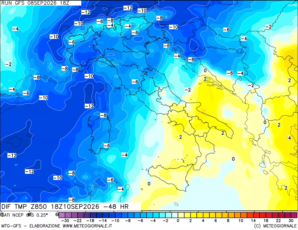 mappa Dif. Temp a 850 hPa Valid - Init