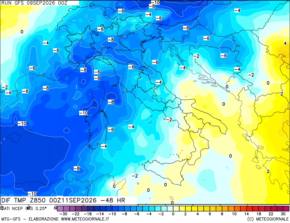 mappa Dif. Temp a 850 hPa Valid - Init