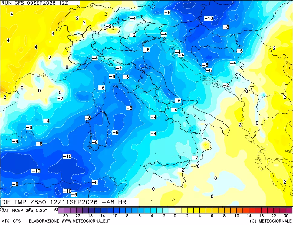 mappa Dif. Temp a 850 hPa Valid - Init