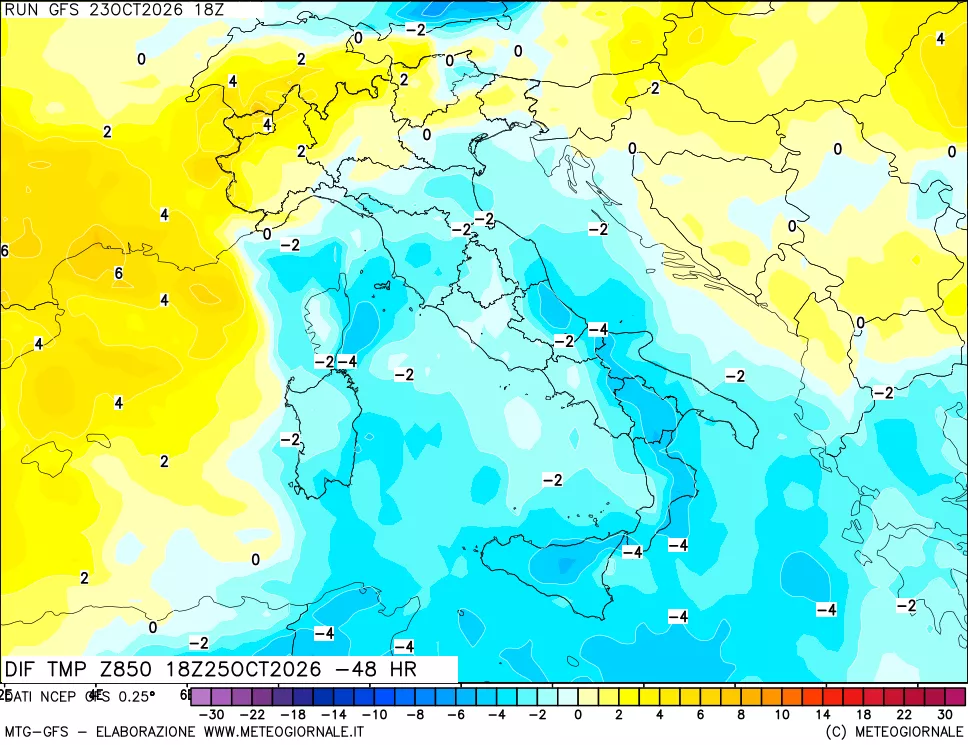 mappa Dif. Temp a 850 hPa Valid - Init