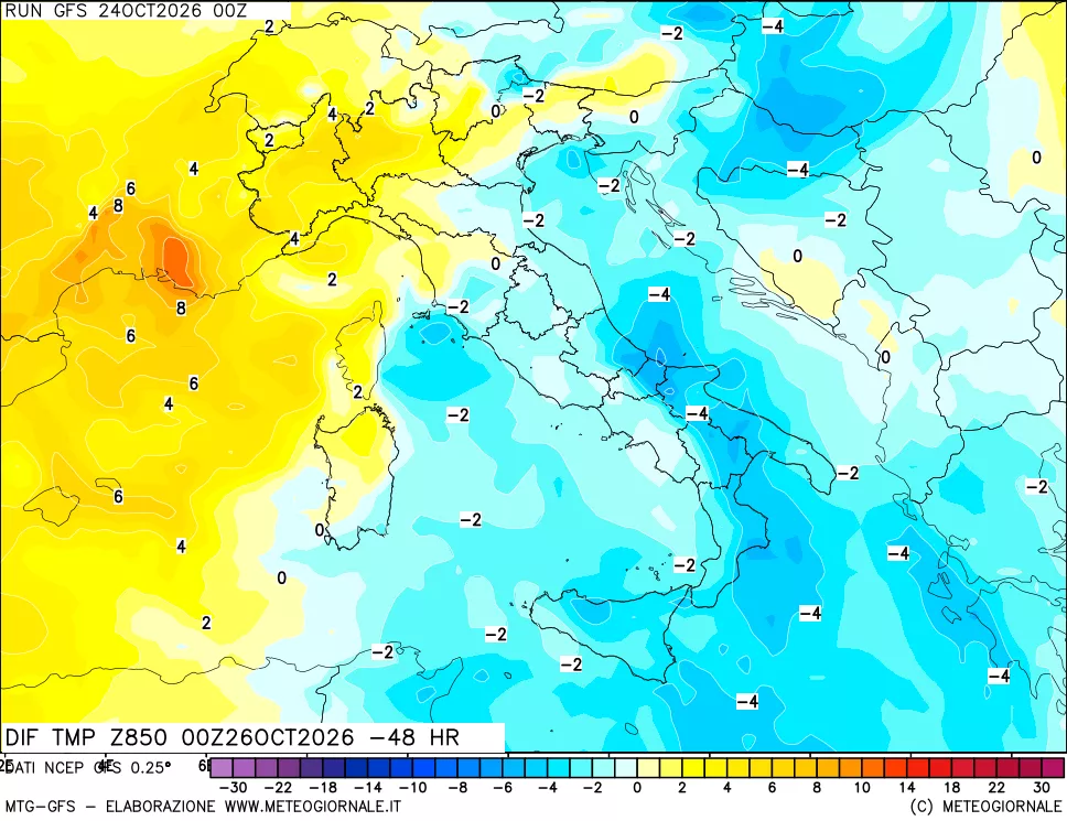 mappa Dif. Temp a 850 hPa Valid - Init