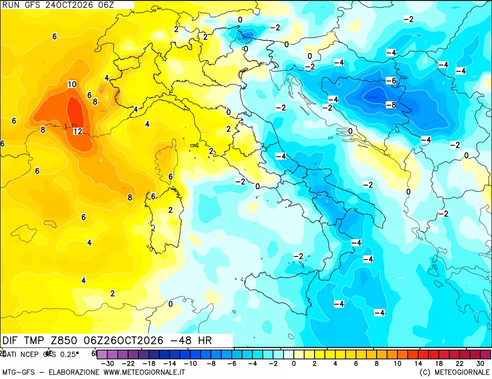 mappa Dif. Temp a 850 hPa Valid - Init