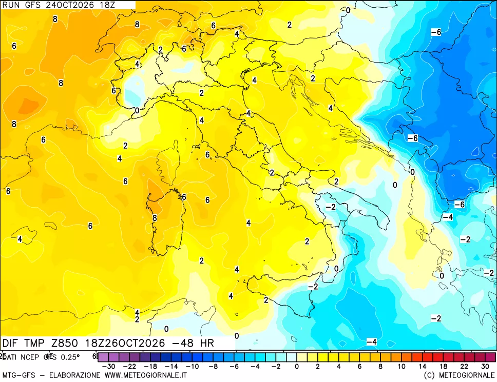mappa Dif. Temp a 850 hPa Valid - Init