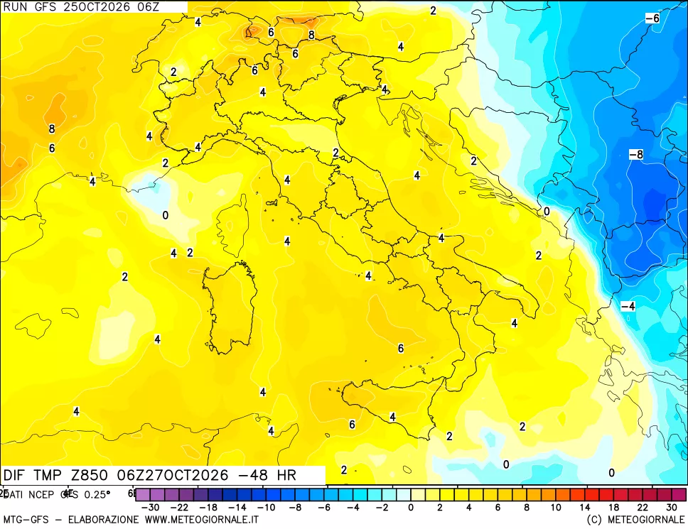 mappa Dif. Temp a 850 hPa Valid - Init