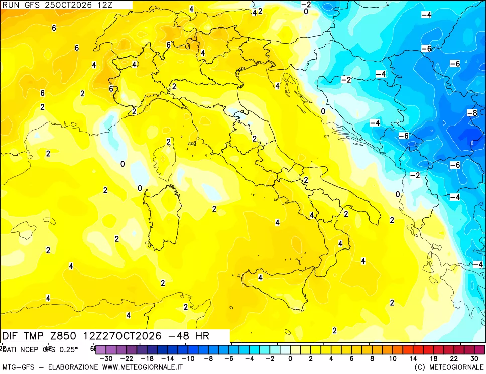 mappa Dif. Temp a 850 hPa Valid - Init