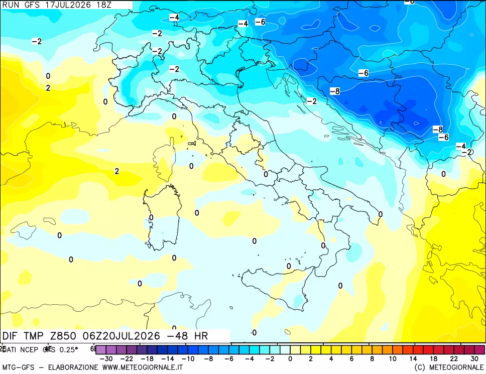 mappa Dif. Temp a 850 hPa Valid - Init