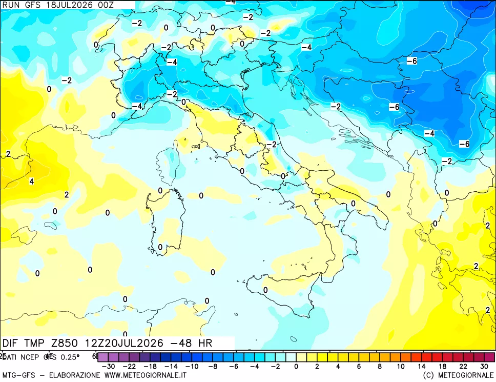 mappa Dif. Temp a 850 hPa Valid - Init