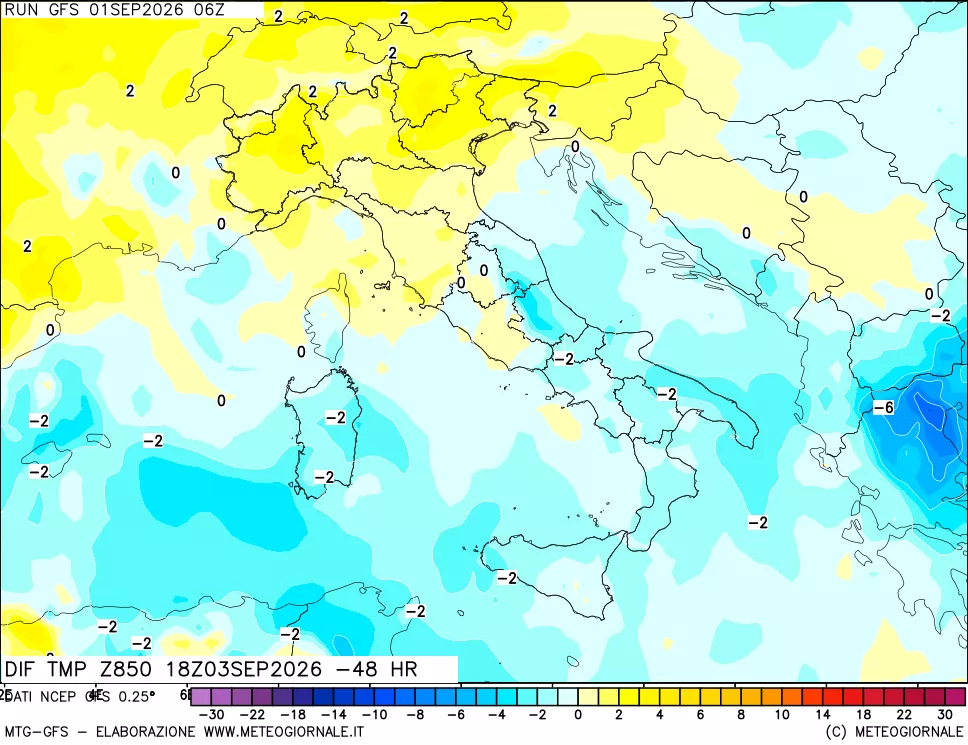 mappa Dif. Temp a 850 hPa Valid - Init