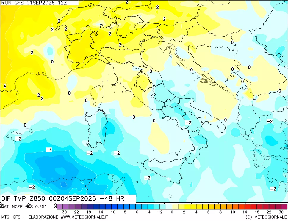 mappa Dif. Temp a 850 hPa Valid - Init