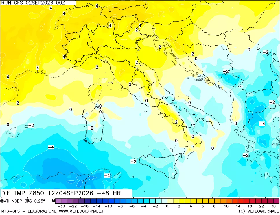 mappa Dif. Temp a 850 hPa Valid - Init