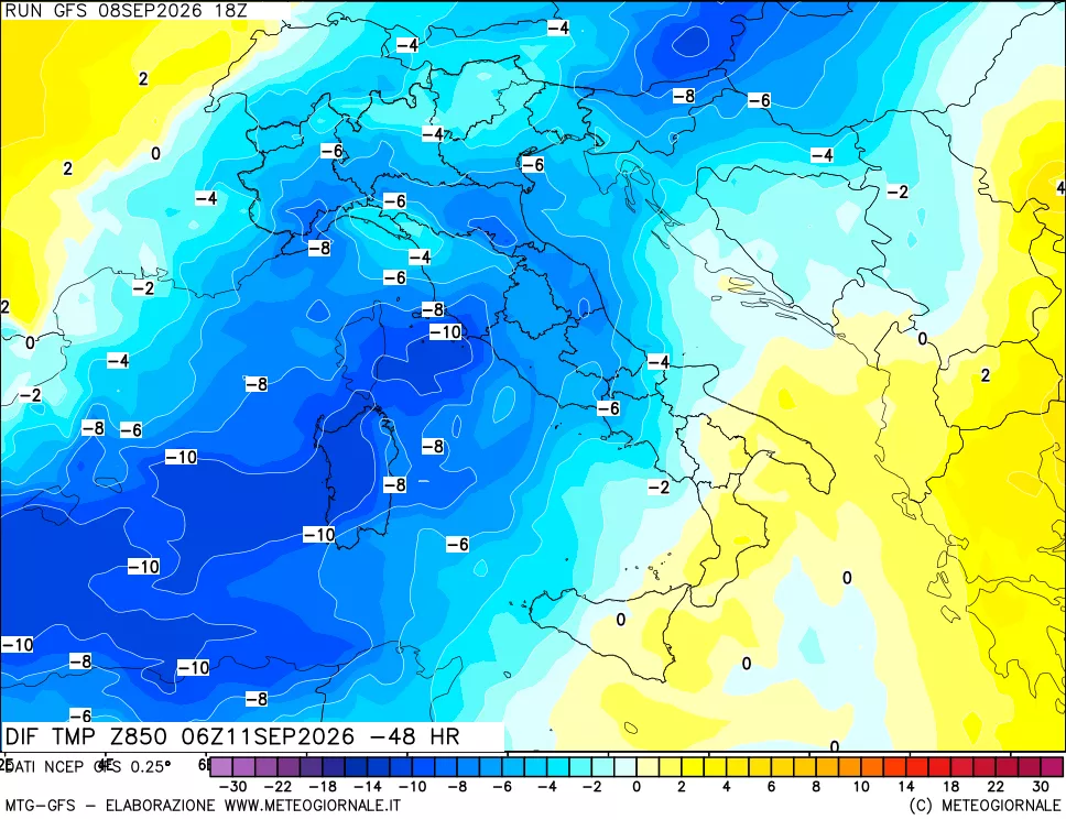 mappa Dif. Temp a 850 hPa Valid - Init