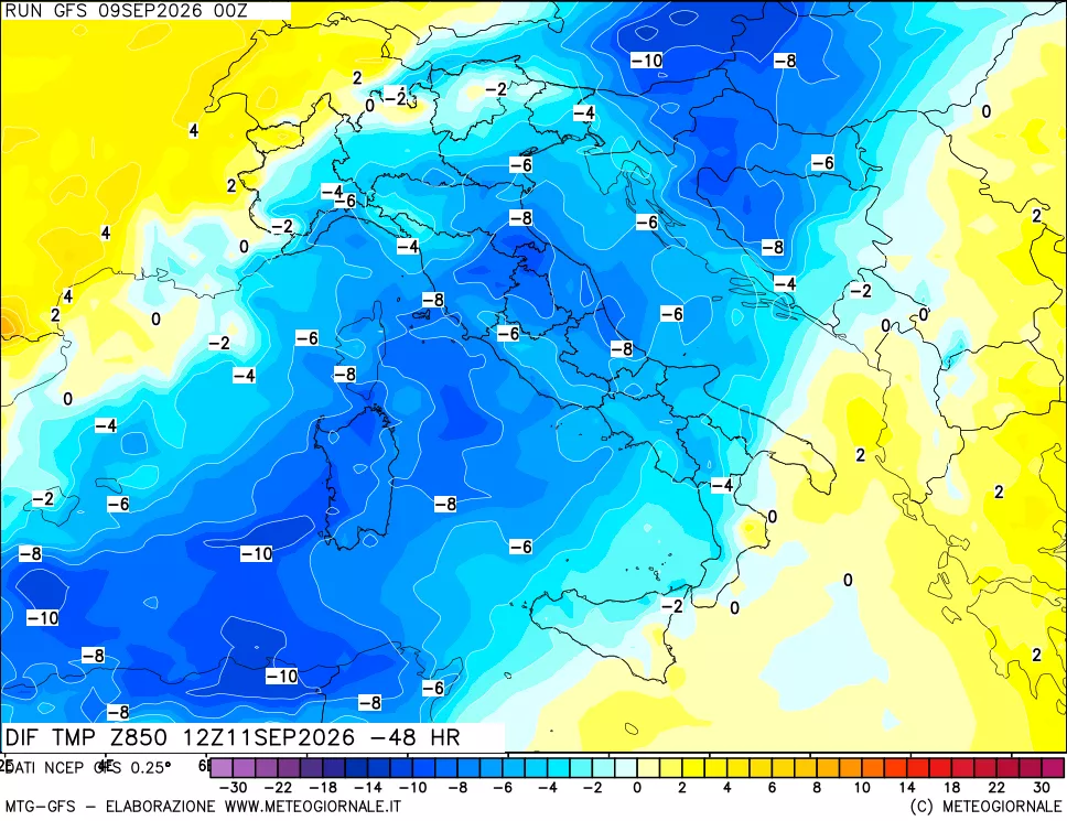 mappa Dif. Temp a 850 hPa Valid - Init
