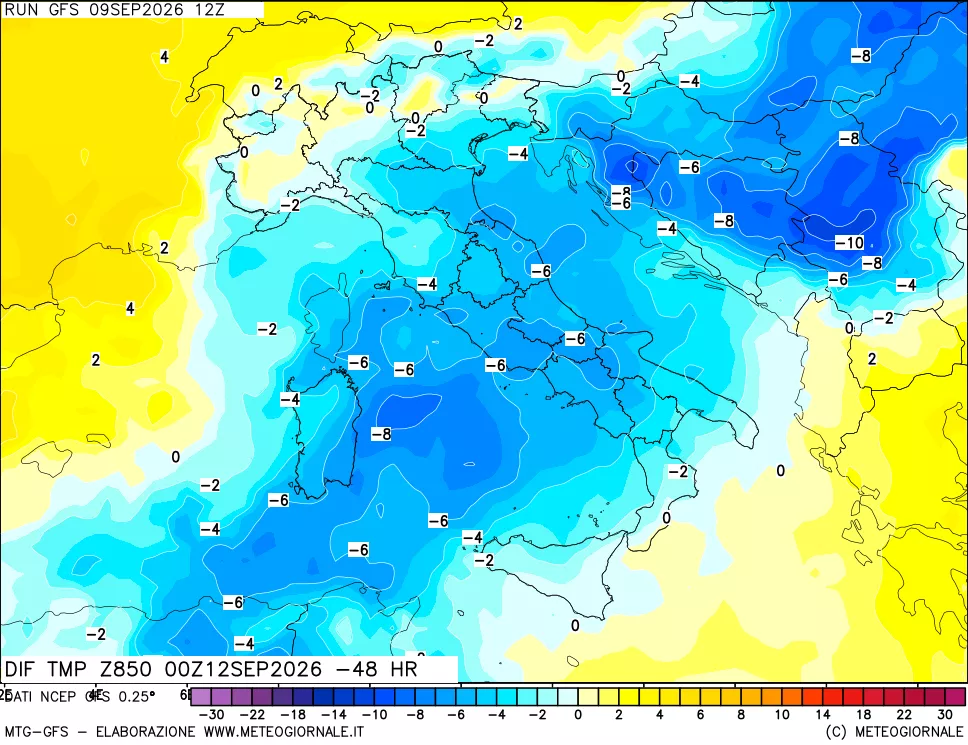 mappa Dif. Temp a 850 hPa Valid - Init