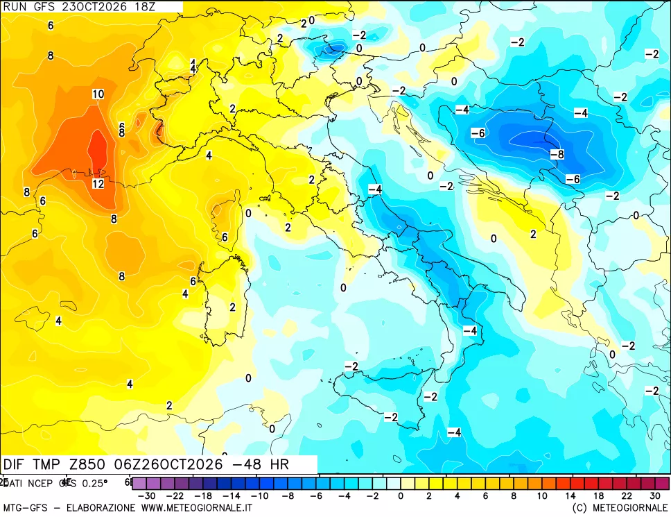 mappa Dif. Temp a 850 hPa Valid - Init