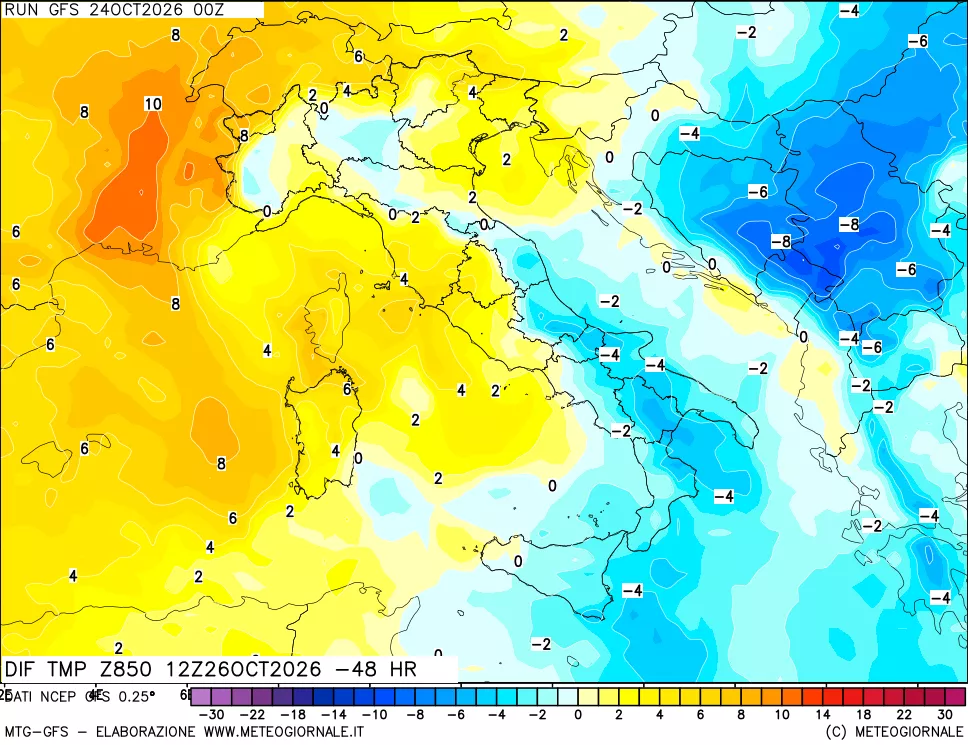 mappa Dif. Temp a 850 hPa Valid - Init