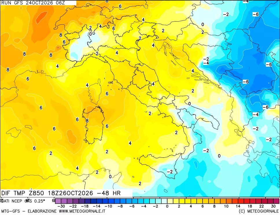 mappa Dif. Temp a 850 hPa Valid - Init