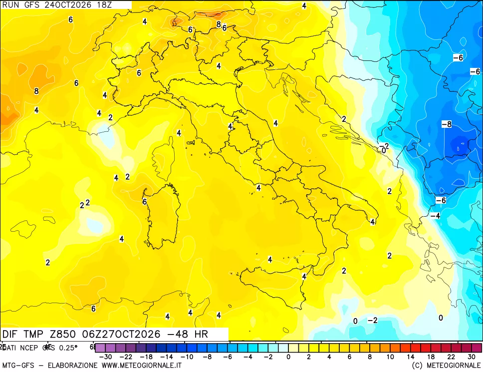 mappa Dif. Temp a 850 hPa Valid - Init