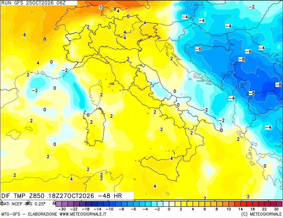 mappa Dif. Temp a 850 hPa Valid - Init